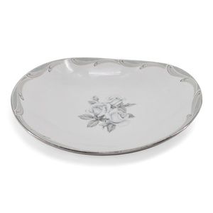 Vintage Japanese Broadway Rose Pattern Fine China Bowl Silver Trim Grey on White